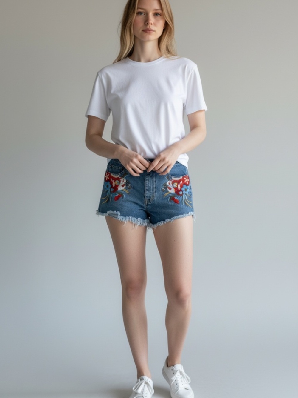 Bershka Floral Embroidered Denim Shorts High Waist Cutoff Boho Size 8